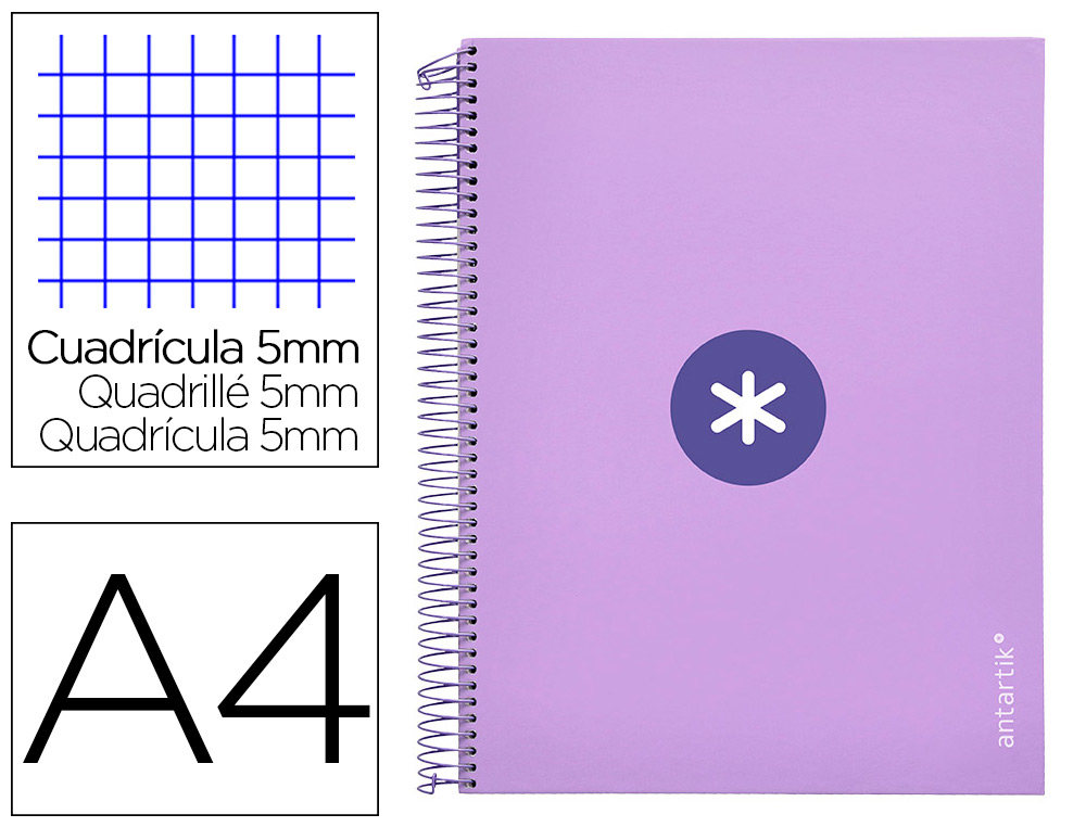 CADERNO ESPIRAL DIN A4 ANTARTIK CAPA FORRADA 120 F 100 GR QUADRICULA 5MM 5 BANDAS DE CORES COR LAVANDA