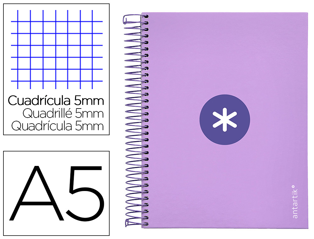CADERNO ESPIRAL DIN A5 ANTARTIK CAPA FORRADA 120 F 100 GR QUADRICULA 5MM 5 BANDA 6 FUROS COR LAVANDA