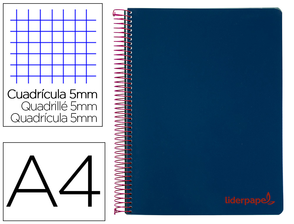 CADERNO ESPIRAL LIDERPAPEL WONDER MICRO DIN A4 CAPA PLASTICO 120 F 90 GR QUADRICULA 5 MM 5 BANDAS DE CORES 4 FUROS AZUL