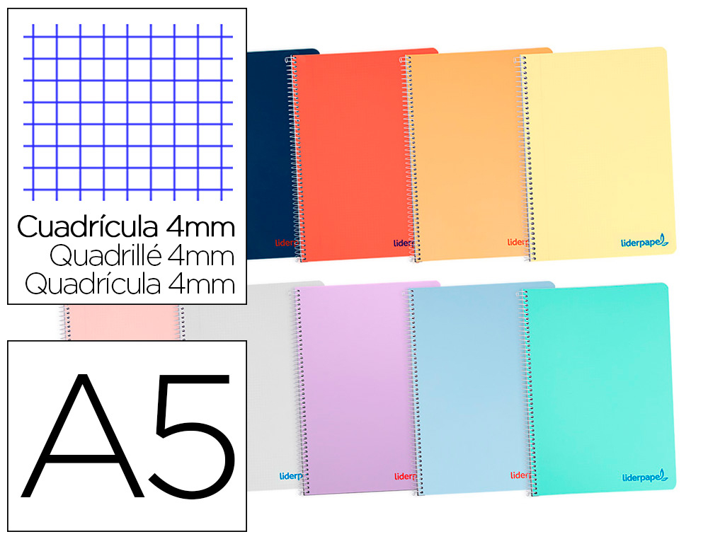 CADERNO ESPIRAL LIDERPAPEL DIN A5 WONDER CAPA PLASTICO 80F 90 GR QUADRICULA 4MM COM MARGEM CORES SORTIDAS