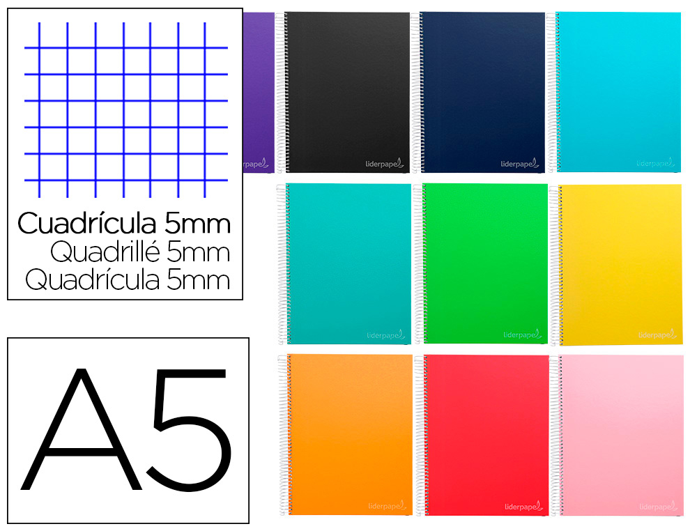 CADERNO ESPIRAL LIDERPAPEL JOLLY MICRO DIN A5 CAPA FORRADA 140 F 75 GR QUADRICULA 5MM 5 BANDAS DE CORES 6 FUROS CORES SO