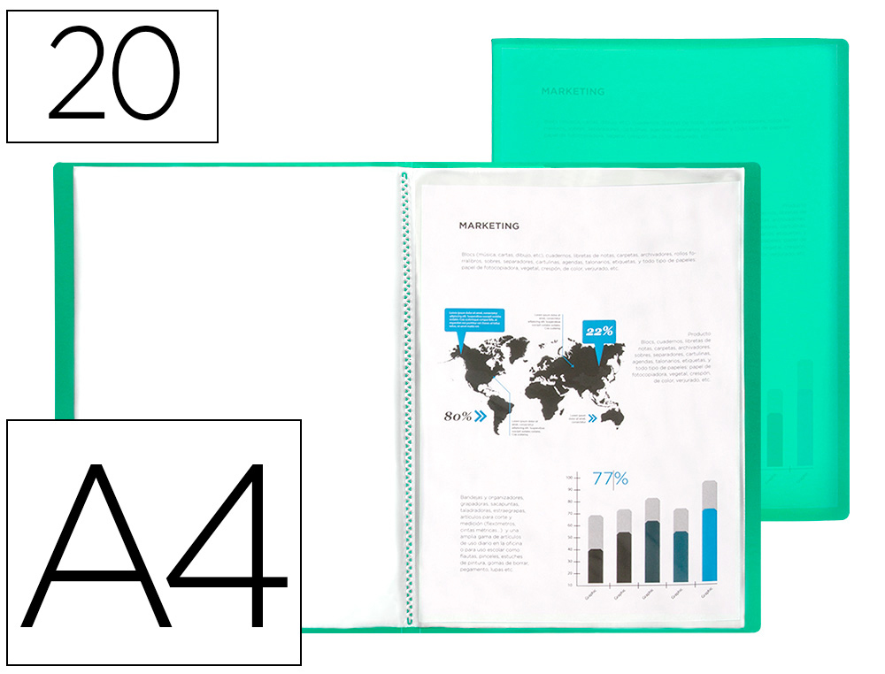 CAPA CATALOGO LIDERPAPEL 20 BOLSAS POLIPROPILENO DIN A4 VERDE TRANSLUCIDO