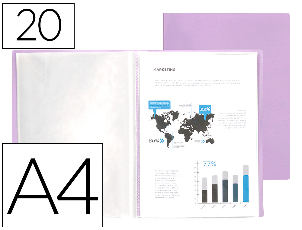 CAPA CATALOGO LIDERPAPEL 20 BOLSAS POLIPROPILENO DIN A4 LAVANDA OPACO