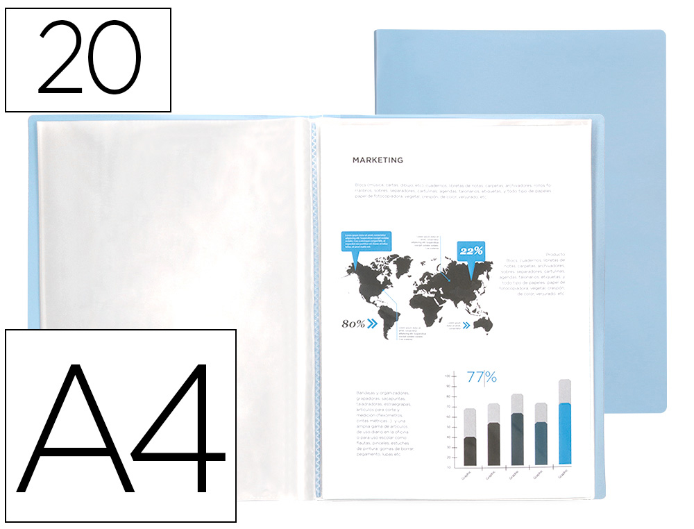CAPA CATALOGO LIDERPAPEL 20 BOLSAS POLIPROPILENO DIN A4 CELESTE OPACO