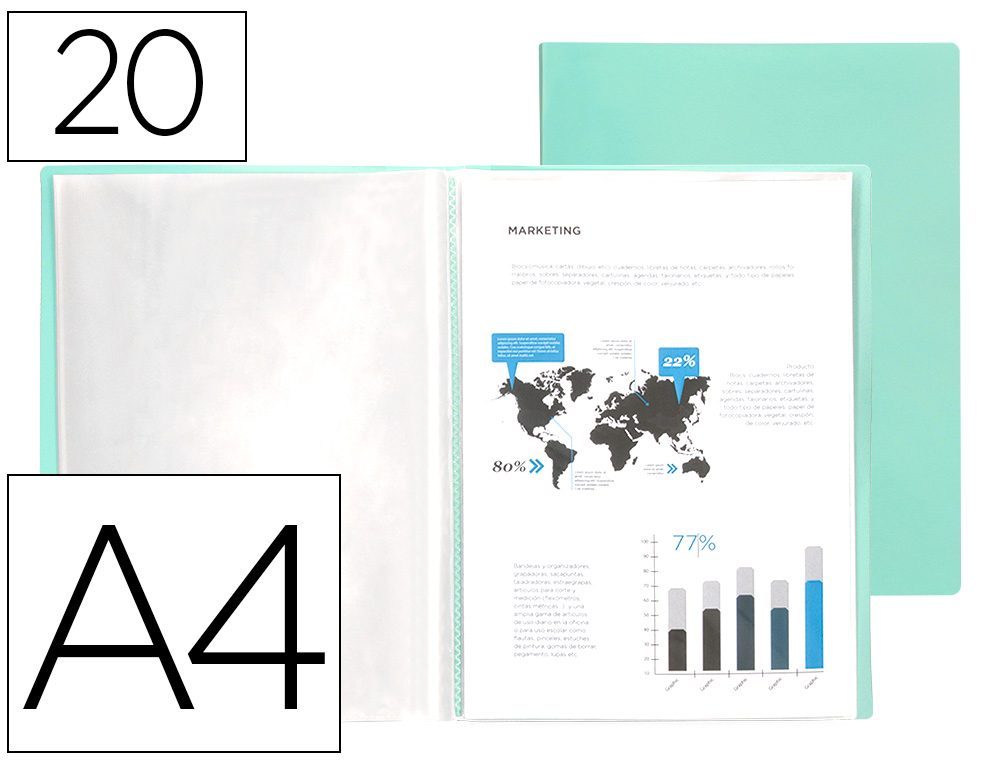 CAPA CATALOGO LIDERPAPEL 20 BOLSAS POLIPROPILENO DIN A4 VERDE MACA OPACO