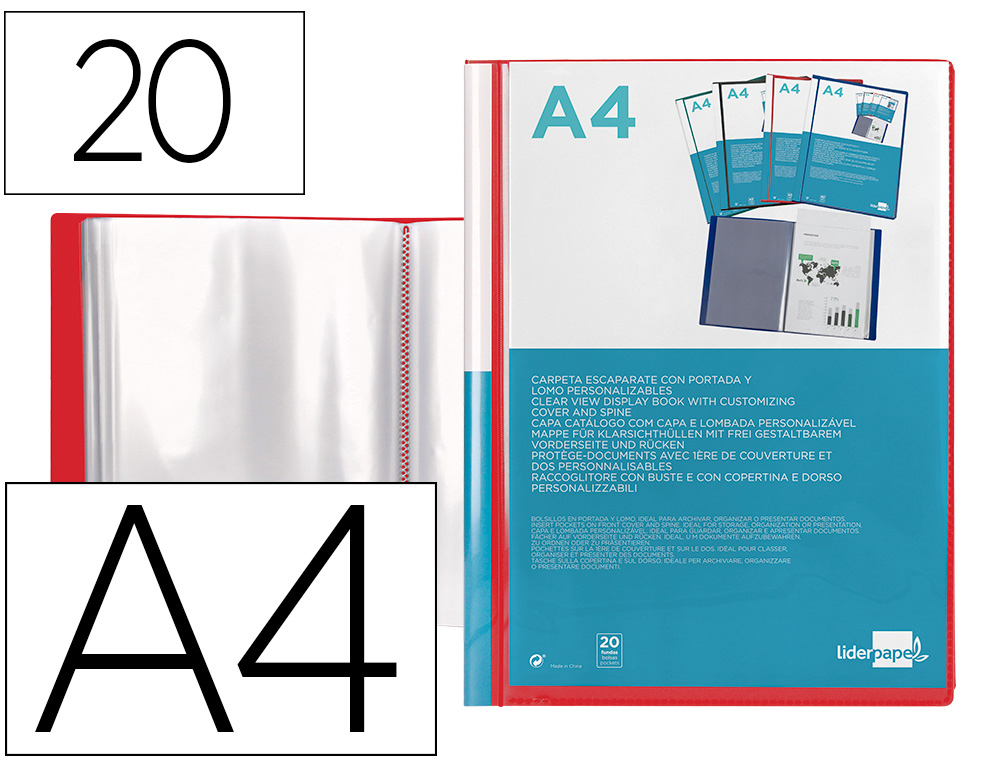 CAPA CATALOGO LIDERPAPEL 20 BOLSAS DIN A4 VERMELHO TRANSLUCIDO