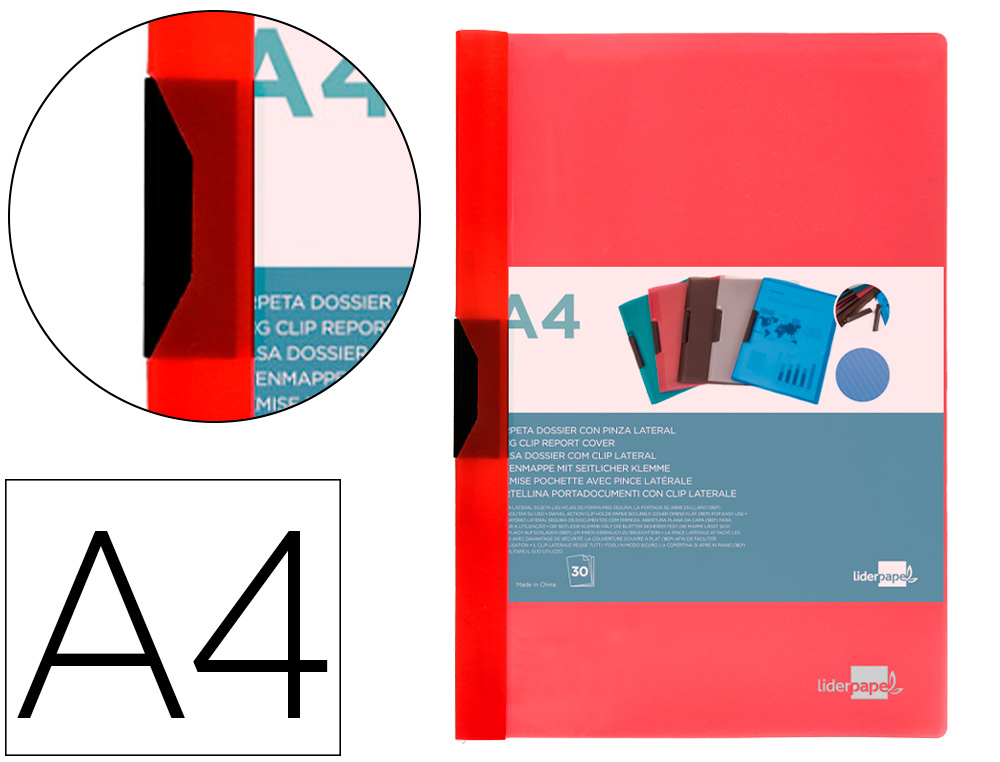 BOLSA DOSSIER LIDERPAPEL COM CLIP LATERAL DIN A4 VERMELHO TRANSLUCIDO 30 FOLHAS