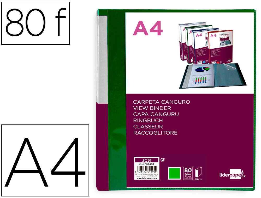 PASTA CANGURU LIDERPAPEL 80 BOLSAS POLIPROPILENO DIN A4 VERDE TRANSLUCIDO CAPA E LOMBADA PERSONALIZAVEL