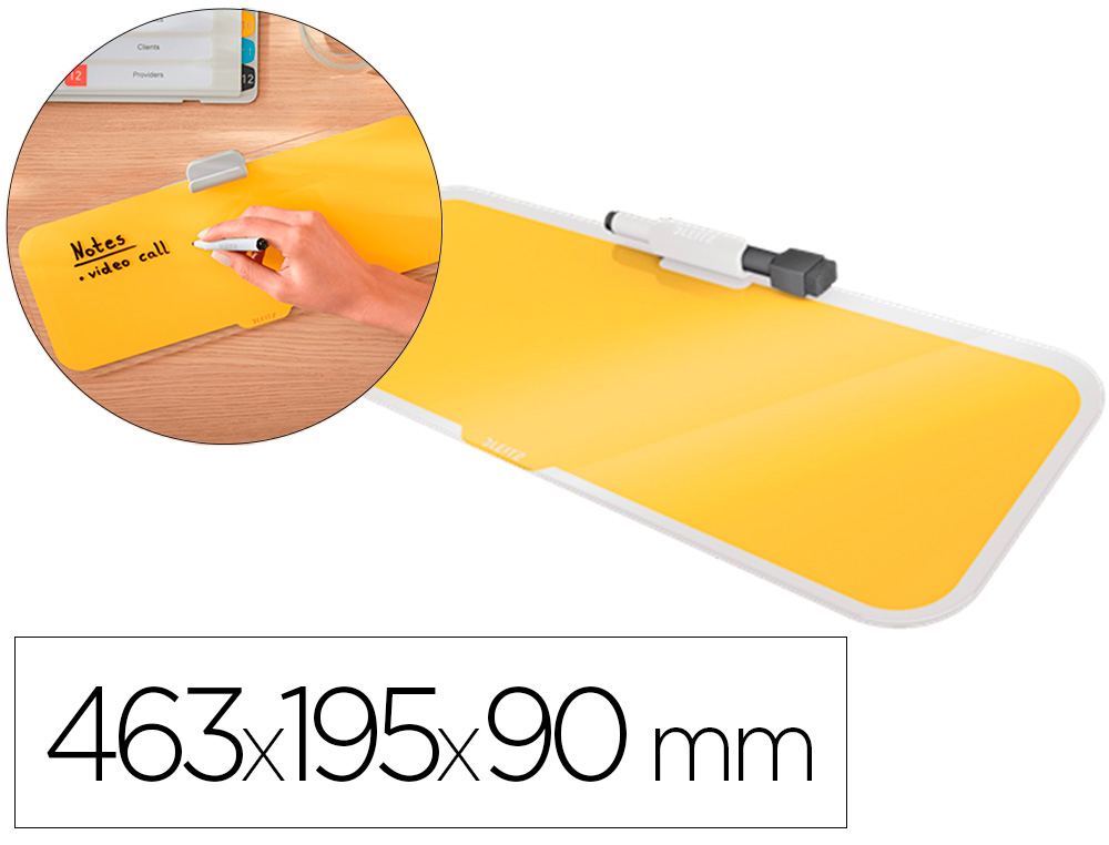 QUADRO BRANCO DE VIDRO PARA SECRETARIA LEITZ COSY COM MARCADOR E APAGADOR COR AMARELO 150X60X380 MM