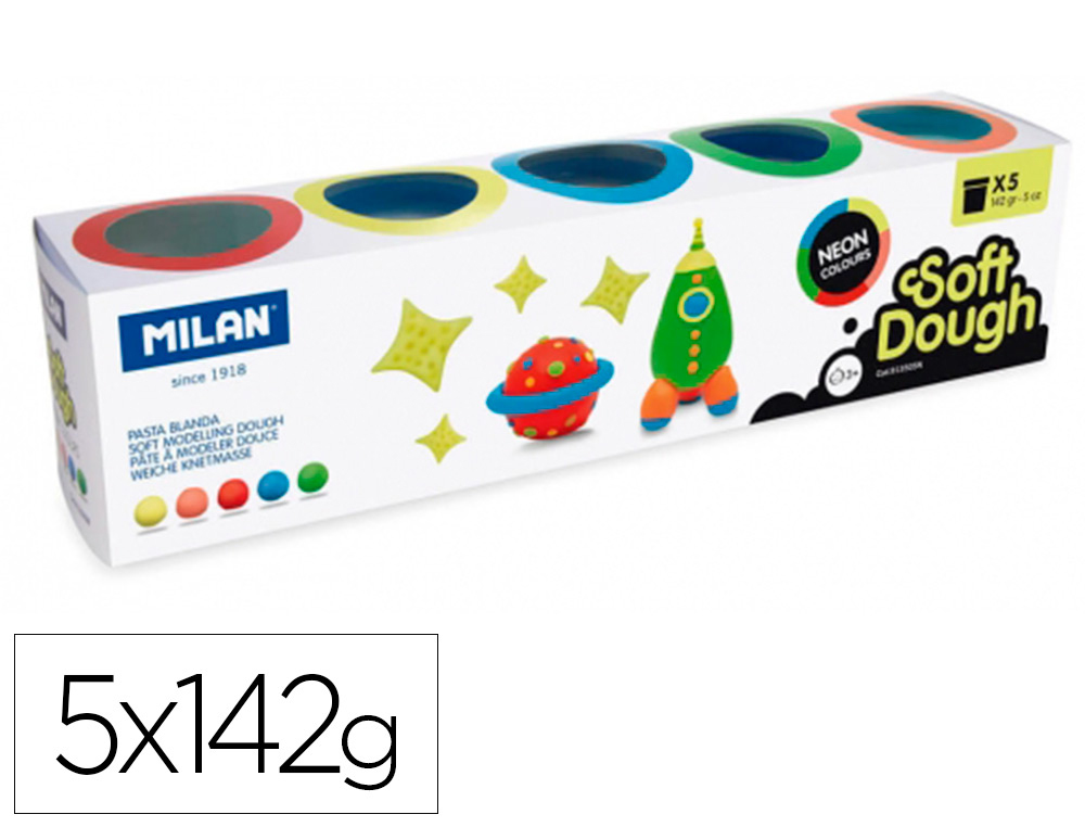 PLASTICINA MILAN PARA MODELAR SOFT DOUGH NEON CAIXA DE 5 FRASCOS CORES SORTIDAS 142 G