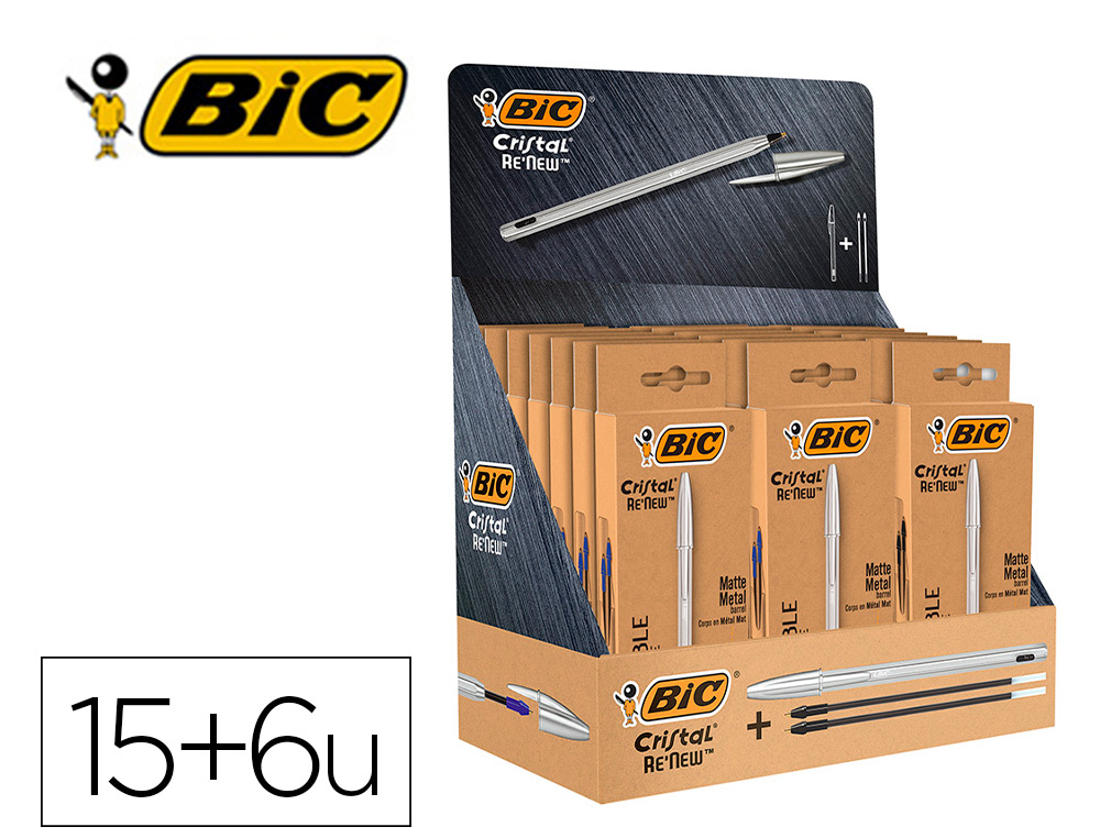 ESFEROGRAFICA BIC CRISTAL RENEW 21 EXPOSITOR 15 UNIDADES TINTA AZUL + 6 UNIDADES TINTA PRETA OFERTA 50 ESFEROGRAFICAS BI