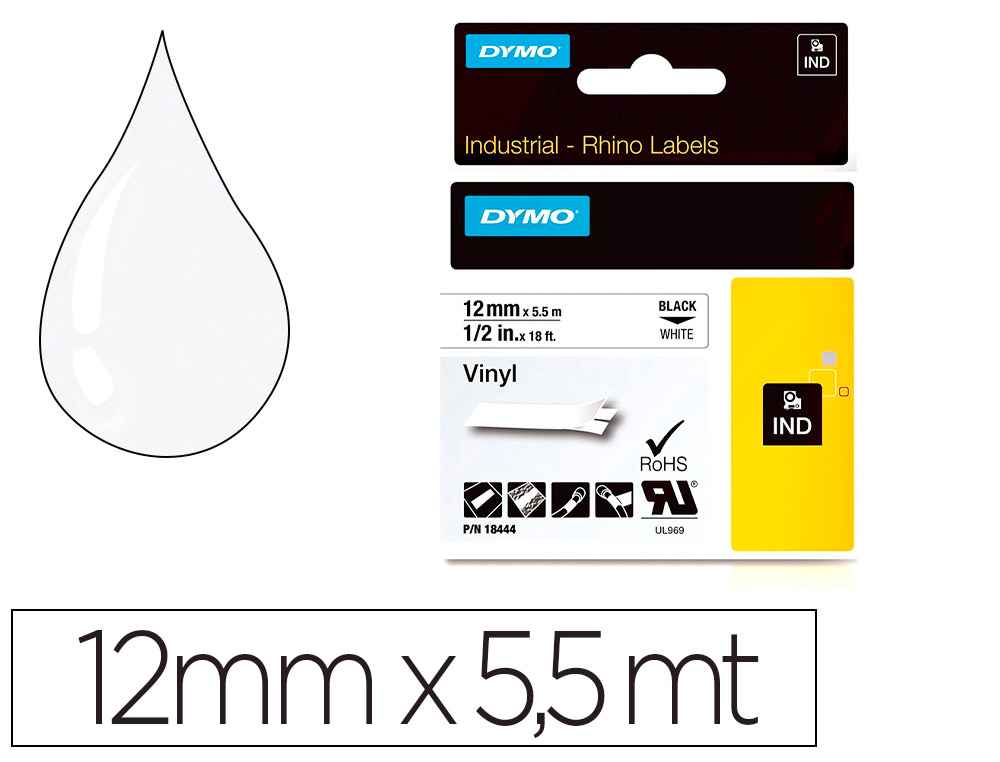 FITA DYMO VINIL BRANCO 12MM X 5,5MT PARA ETIQUETADORA RHINO