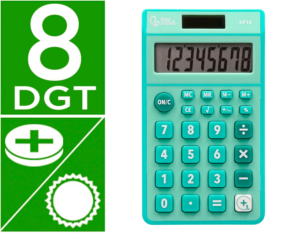 CALCULADORA LIDERPAPEL DE BOLSO XF13 8 DIGITOS SOLAR E PILHAS COR VERDE 115X65X8 MM