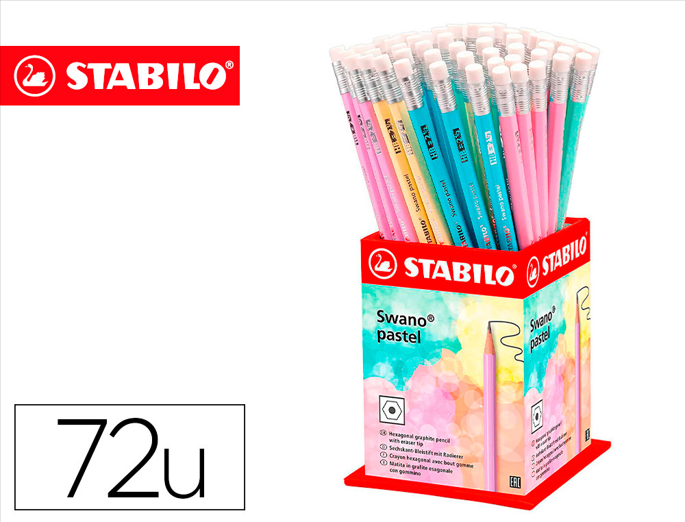 LAPIS DE GRAFITE STABILO SWANO COM BORRACHA MINA 2,2 MM DUREZA HB EXPOSITOR DE 72 UNIDADES CORES PASTEL SORTIDAS