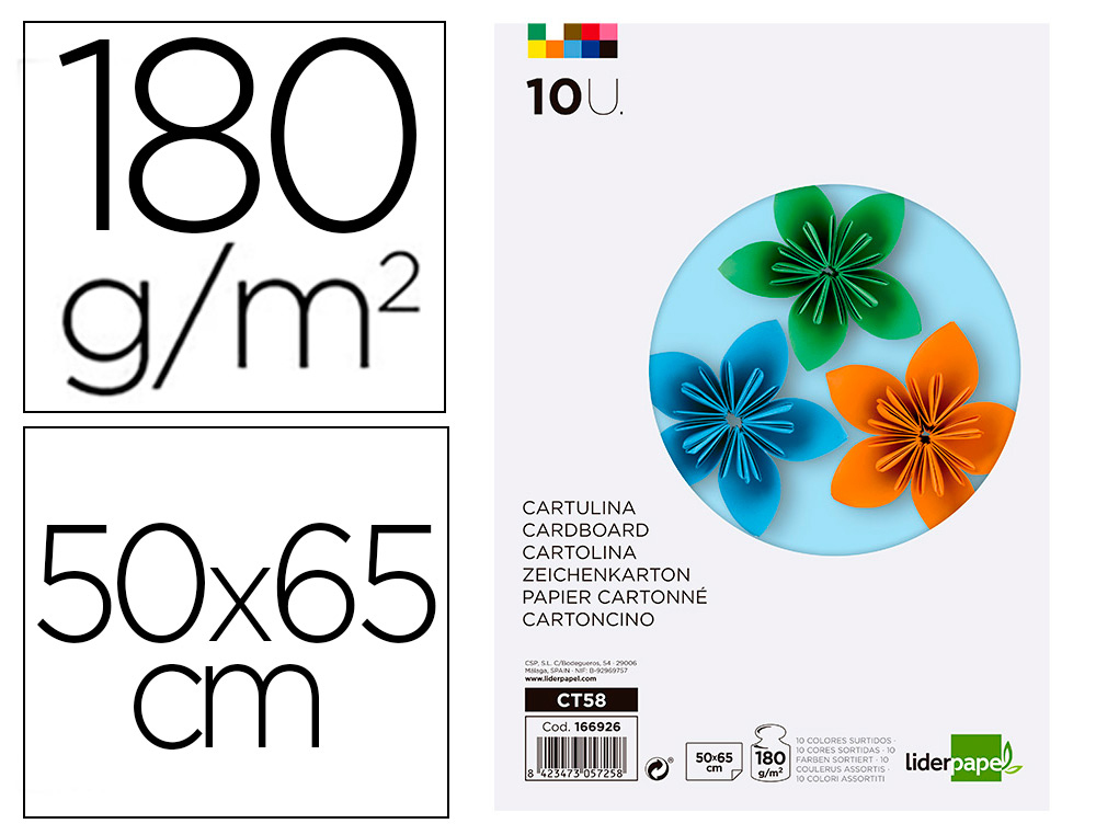 CARTOLINA LIDERPAPEL 50X65 CM 180 GR 10 CORES SORTIDAS PACK DE 10 UNIDADES