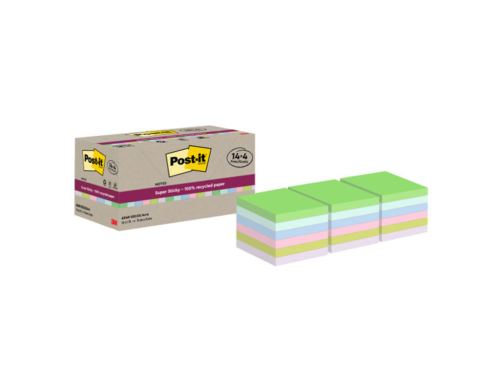 BLOCO DE NOTAS ADESIVAS POST-IT SUPER STICKY 76X76 MM COM 70 FOLHAS RECICLADAS PACK DE 14 UDS CORES SORTIDAS + 4 GRATIS