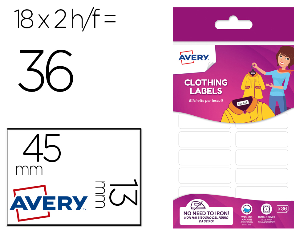 ETIQUETA ADESIVA AVERY PARA TEXTIL SEM ENGOMAR 45X13 MM BLISTER DE 36 UNIDADES