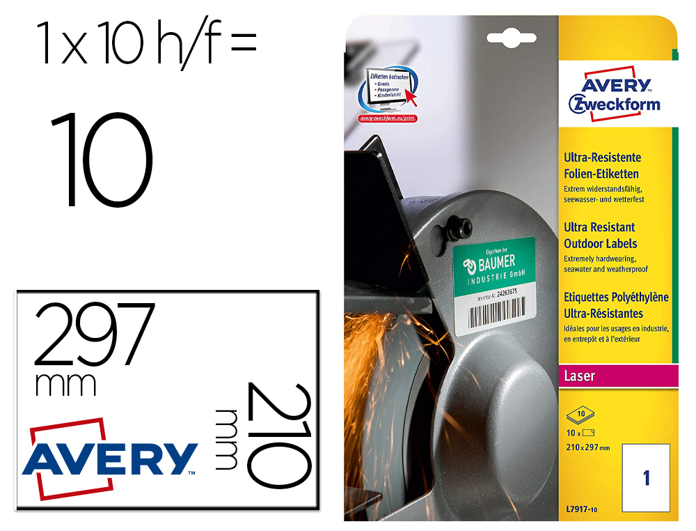 ETIQUETA ADESIVA AVERY POLITILENO BRANCO PERMANENTE PARA LASER FOTOCOPIADORA 210X297 MM BLISTER 10 ETIQUETAS