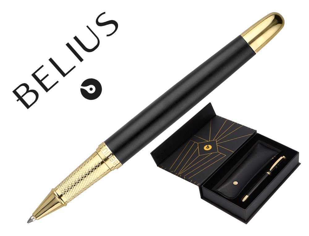 ESFEROGRAFICA E ESTOJO BELIUS SOIREE DESENHO ART DECO PRETO E DOURADO TINTA AZUL CAIXA DESIGN