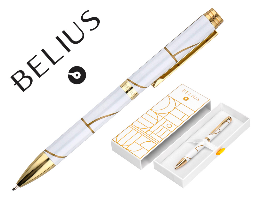 ESFEROGRAFICA BELIUS CARTE BLANCHE DESENHO BRANCO E DOURADO TINTA AZUL CAIXA DESIGN
