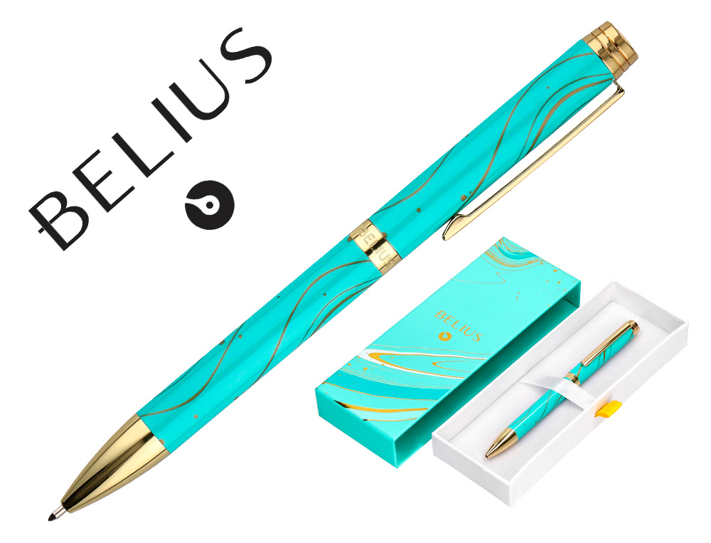ESFEROGRAFICA BELIUS AQUA ALUMINIO DESENHO TURQUESA E DOURADO TINTA AZUL CAIXA DESIGN