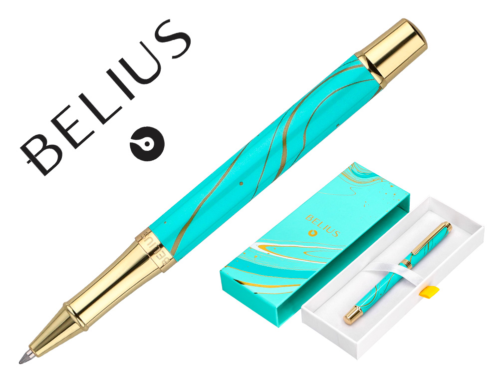 ROLLER BELIUS AQUA ALUMINIO DESENHO TURQUESA E DOURADO TINTA PRETA CAIXA DESIGN