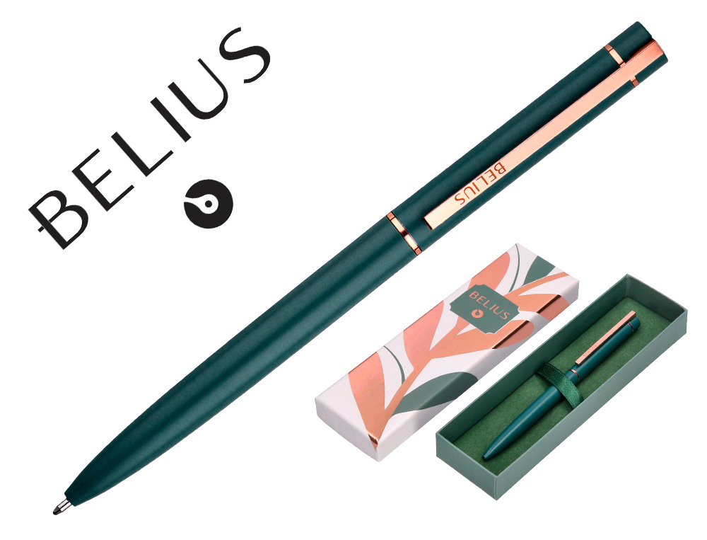 ESFEROGRAFICA BELIUS ROSE ALUMINIO DESENHO VERDE AZEITONA OURO ROSA TINTA AZUL CAIXA DESIGN