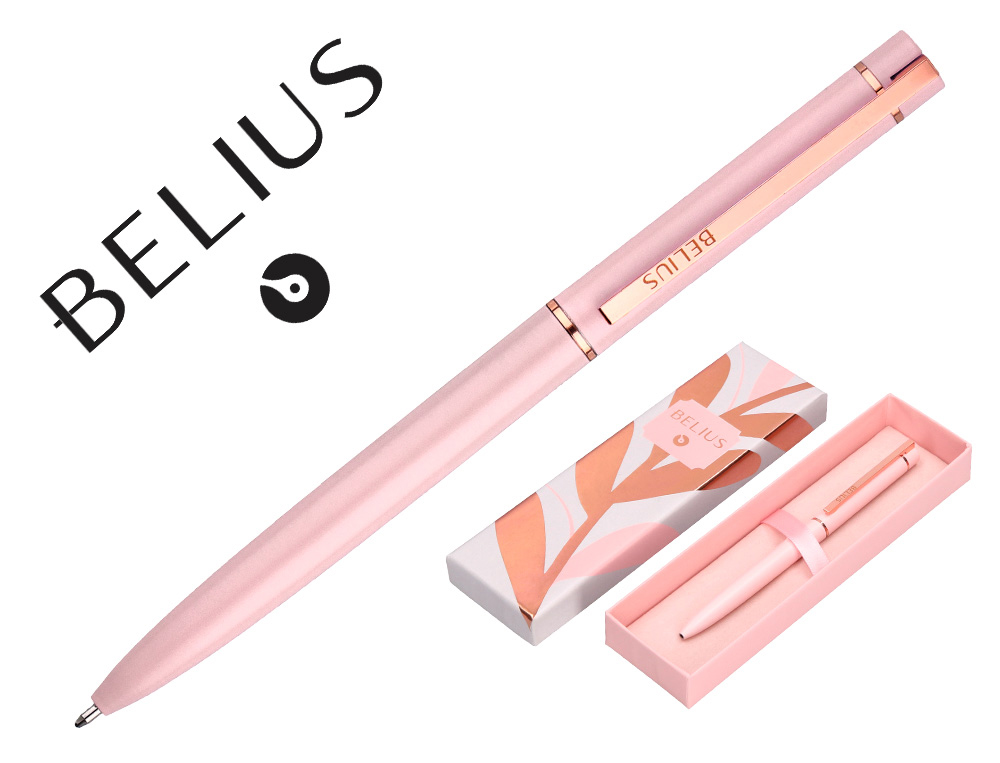ESFEROGRAFICA BELIUS ROSE ALUMINIO DESENHO ROSA OURO ROSA TINTA AZUL CAIXA DESIGN