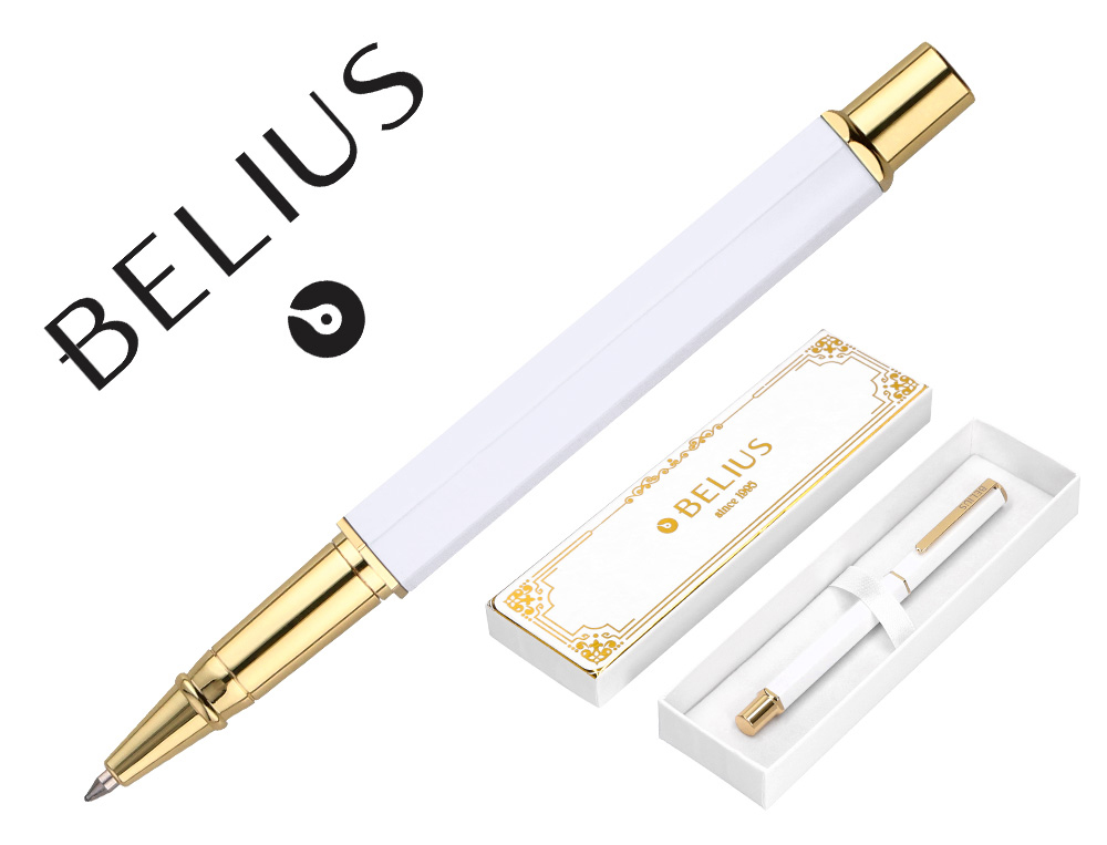 ESFEROGRAFICA BELIUS MACARON BLISS ALUMINIO DESENHO HEXAGONAL BRANCO E DOURADO TINTA AZUL CAIXA DESIGN