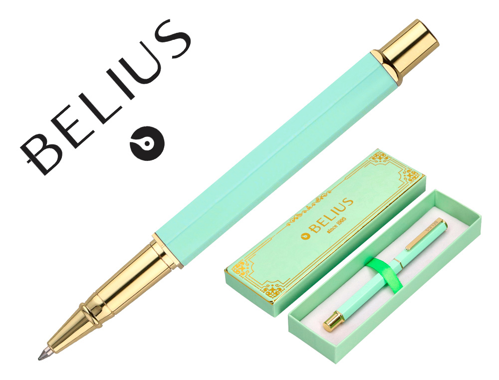 ESFEROGRAFICA BELIUS MACARON BLISS ALUMINIO DESENHO HEXAGONAL VERDE E DOURADO TINTA AZUL CAIXA DESIGN