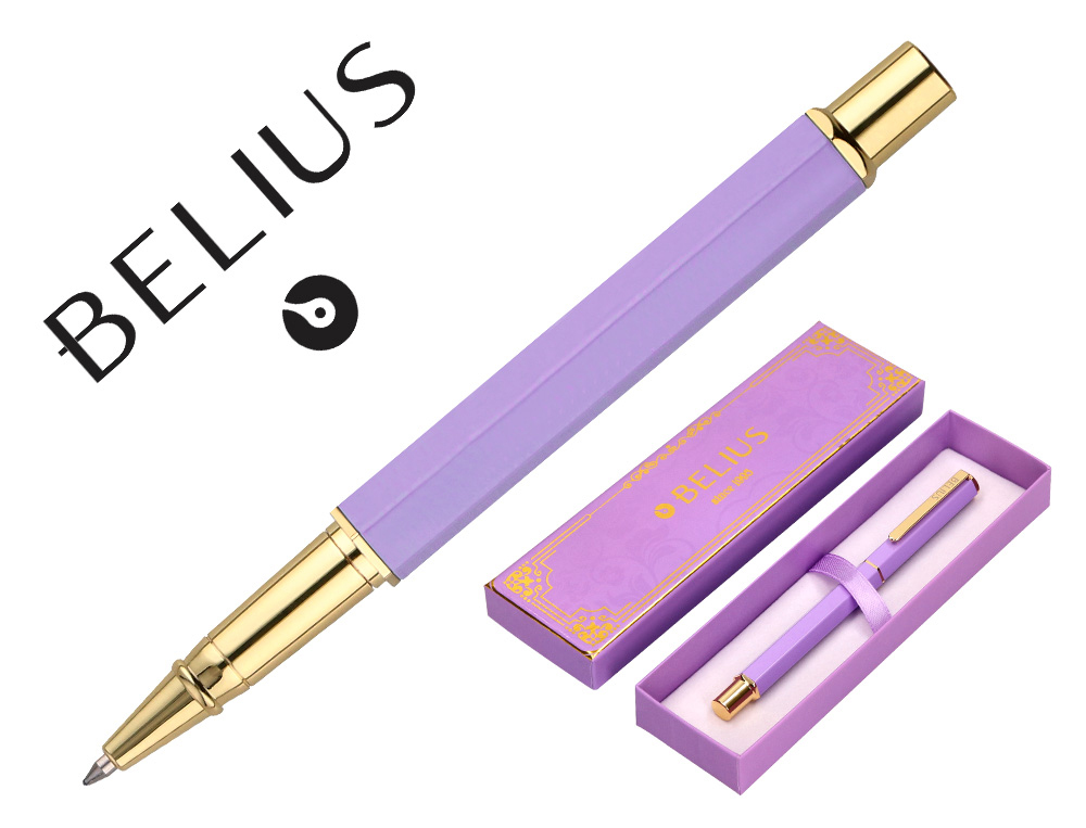 ESFEROGRAFICA BELIUS MACARON BLISS ALUMINIO DESENHO HEXAGONAL ROXO E DOURADO TINTA AZUL CAIXA DESIGN