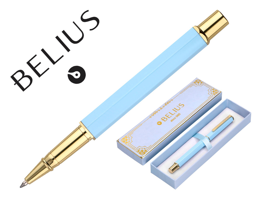 ESFEROGRAFICA BELIUS MACARON BLISS ALUMINIO DESENHO HEXAGONAL AZUL CELESTE E DOURADO TINTA AZUL CAIXA DESIGN
