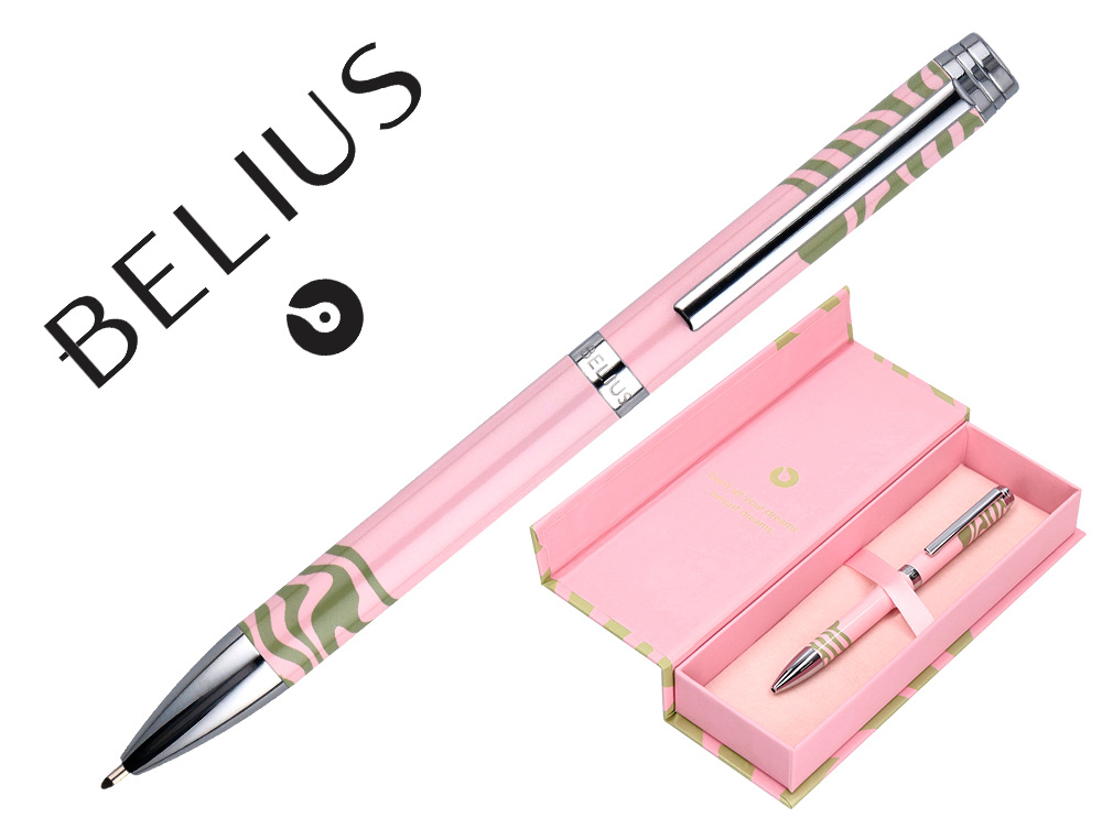 ESFEROGRAFICA BELIUS INK DREAMS ALUMINIO DESENHO ROSA E VERDE MATCHA PRATEADO FRASE INTERIOR CAIXA DESIGN TINTA AZUL