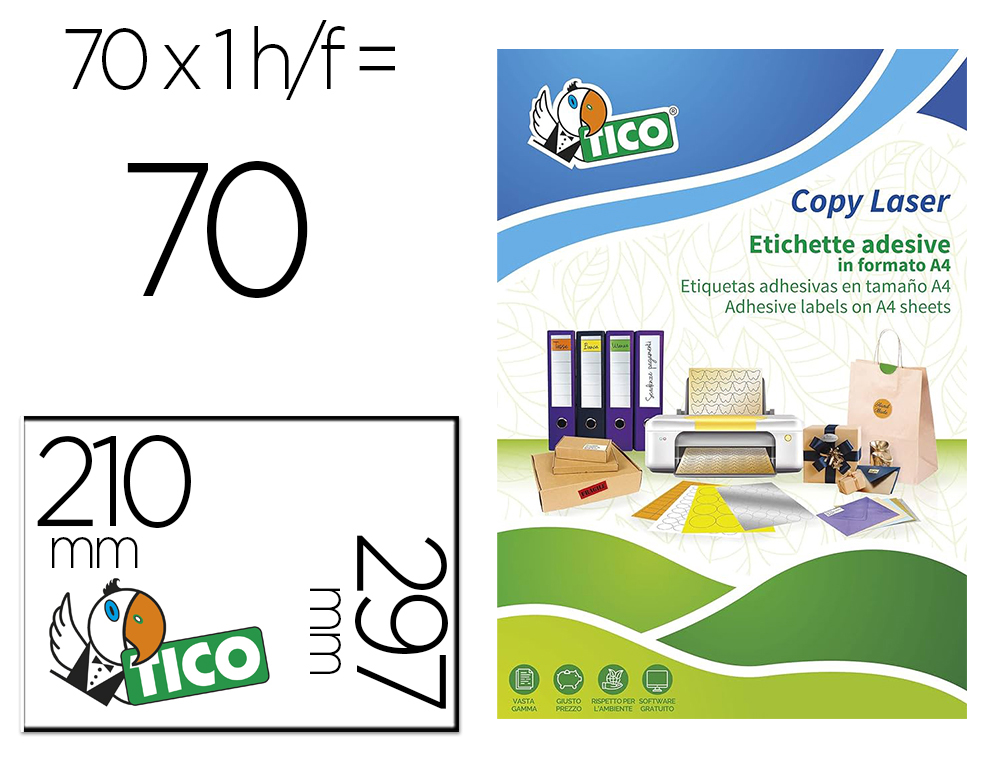 ETIQUETA ADESIVA TICO AMARELO FLUOR PERMANENTE CERTIFICADO FSC LASER/JATO TINTA/FOTOCOPIA 210X297 MM CAIXA 70 UDS