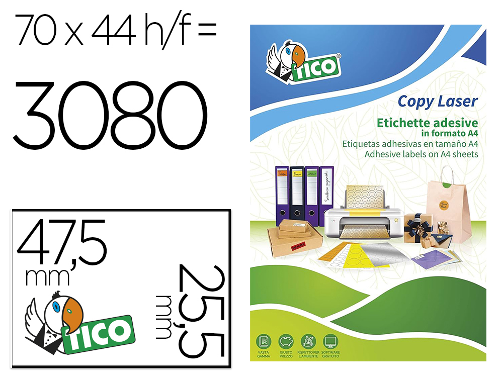 ETIQUETA ADESIVA TICO VERDE FLUOR PERMANENTE CERTIFICADO FSC LASER/JATO TINTA/FOTOCOPIA 47,5X25,5 MM CAIXA 3080 UDS