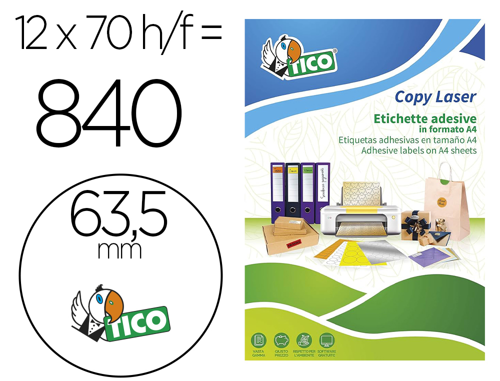 ETIQUETA ADESIVA TICO VERDE FLUOR PERMANENTE CERTIFICADO FSC LASER/JATO TINTA/FOTOCOPIA 63,5 MM CAIXA 840 UDS