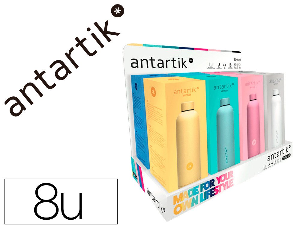 GARRAFA ANTARTIK ISOTERMICA EXPOSITOR 8 UDS CORES SORTIDAS ACO INOXIDAVEL LIVRE DE BPA 750 ML