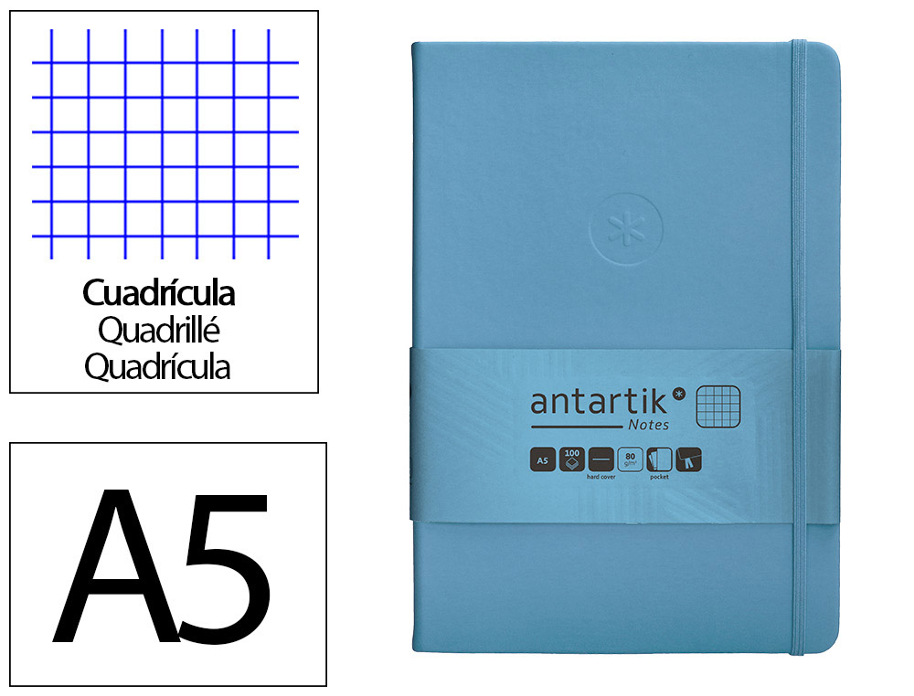 CADERNO COM ELASTICO ANTARTIK NOTES CAPA DURA A5 QUADRICULADO AZUL CLARO 100 FOLHAS 80 GR FSC