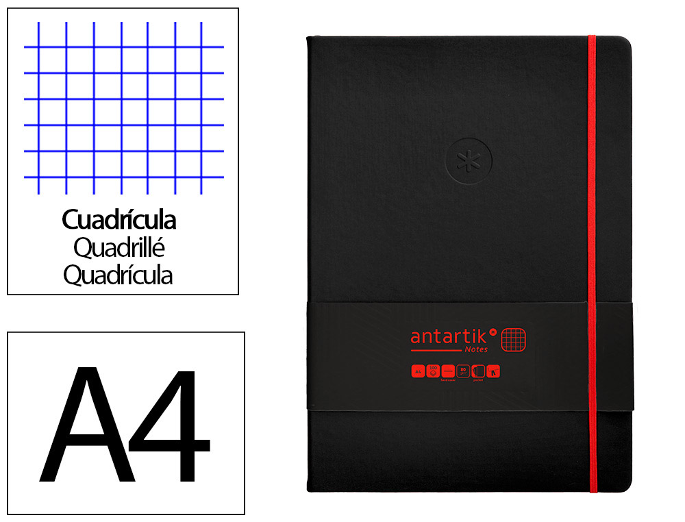 CADERNO COM ELASTICO ANTARTIK NOTES CAPA DURA A4 QUADRICULADO PRETO E VERMELHO 100 FOLHAS 80 GR FSC