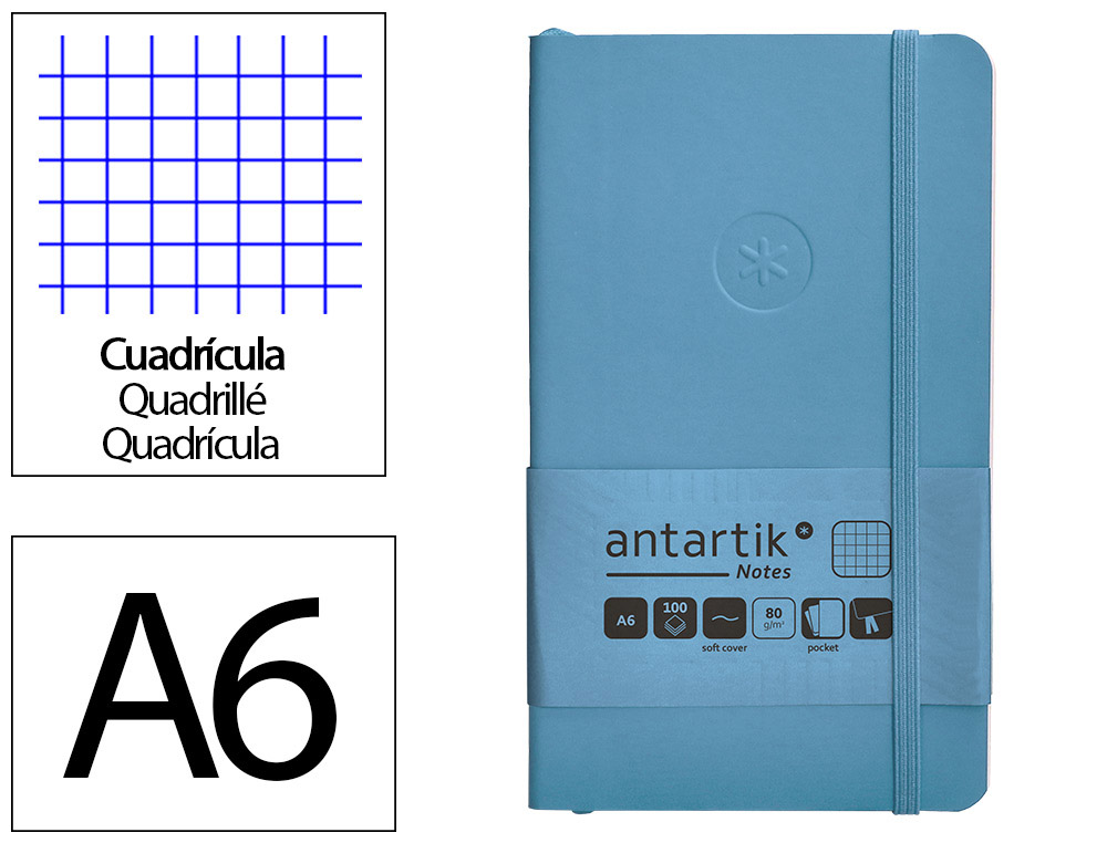 CADERNO COM ELASTICO ANTARTIK NOTES CAPA MOLE A6 QUADRICULADO AZUL CLARO 100 FOLHAS 80 GR FSC