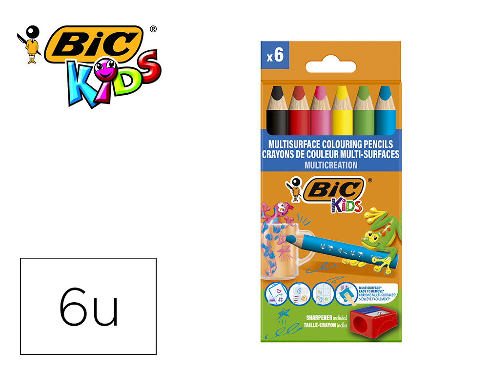LAPIS DE COR BIC MULTISUPERFICIES TRIANGULARES MINA APAGAVEL CAIXA DE 6 UNIDADES CORES SORTIDAS + APARA LAPIS