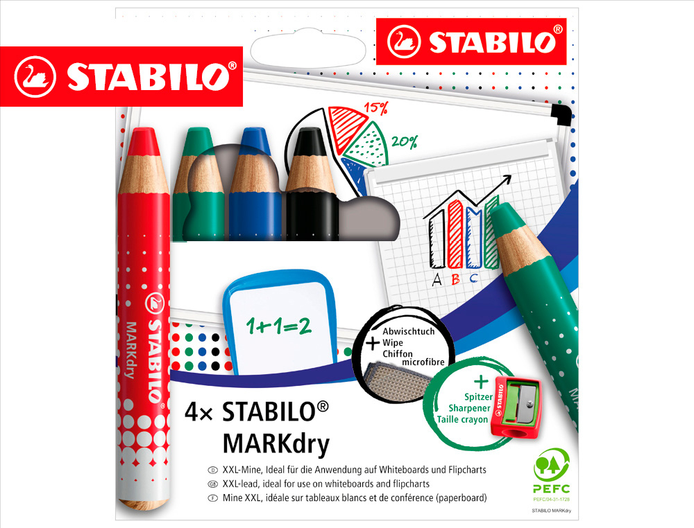 LAPIS MARCADOR EM SECO STABILO MARKDRY PARA QUADRO BRANCO ESTOJO DE 4 UNIDADES CORES SORTIDAS