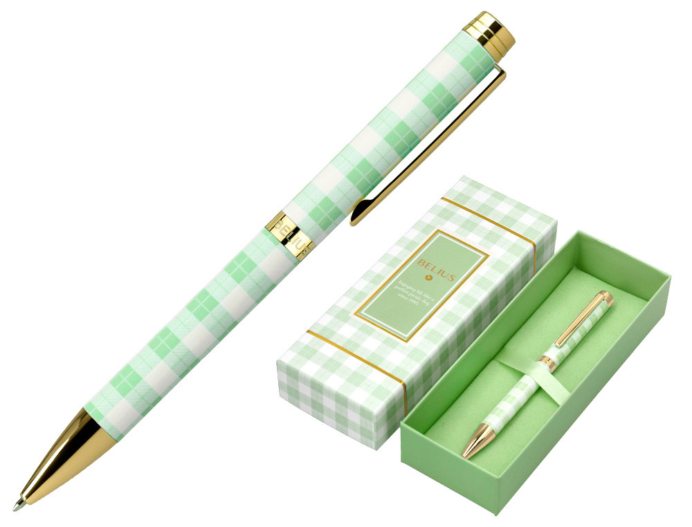ESFEROGRAFICA BELIUS PICNIC ALUMINIO COR VERDE DOURADO TINTA COR AZUL CAIXA DE DESIGN