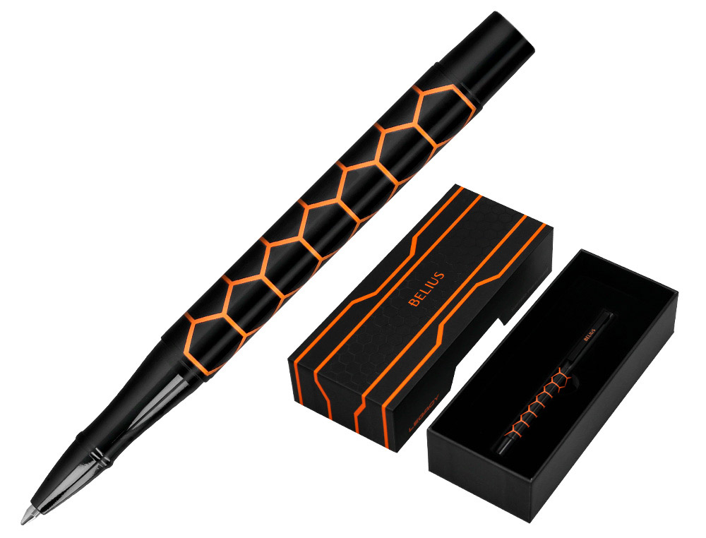 ESFEROGRAFICA BELIUS LEGACY ALUMINIO DESENHO HEXAGONO LARANJA CORPO PRETO TINTA COR AZUL CAIXA DE DESIGN