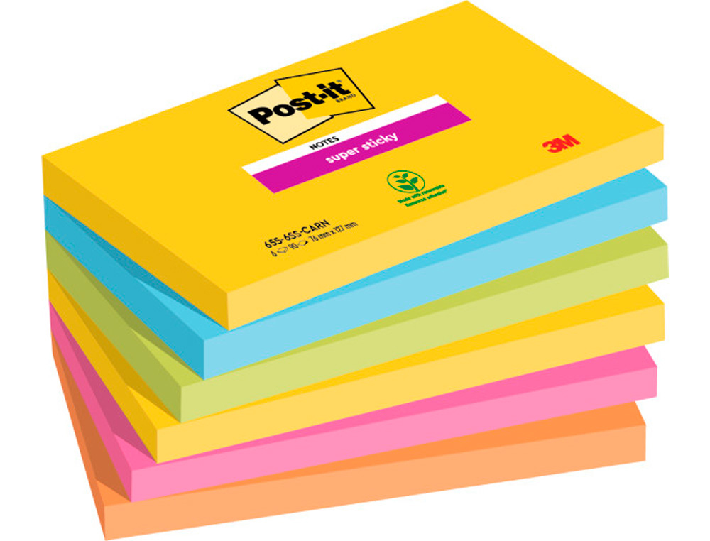 BLOCO DE NOTAS ADESIVAS POST IT SUPER STICKY CARNIVAL 100% PEFC 76X127 MM PACK DE 6 BLOCOS CORES SORTIDAS