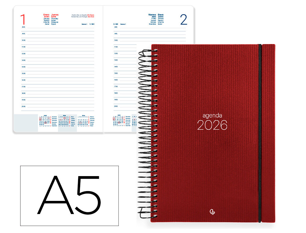 AGENDA ESPIRAL LIDERPAPEL OLBIA A5 2026 DIA PAGINA VERMELHO PAPEL 60 GR FSC
