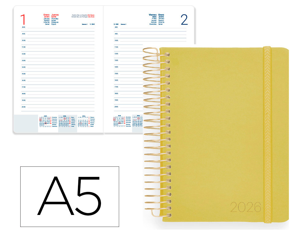 AGENDA ESPIRAL LIDERPAPEL NEON A5 2026 DIA PAGINA AMARELO PAPEL 70 GR FSC