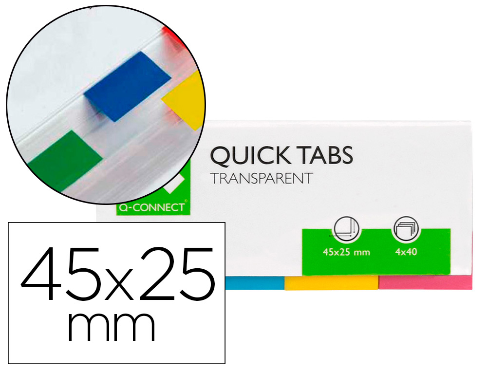 BANDAS SEPARADORAS Q-CONNECT INDEX TRANSPARENTE E COR, PACK DE 4 COM 40 FOLHAS 25X45 MM