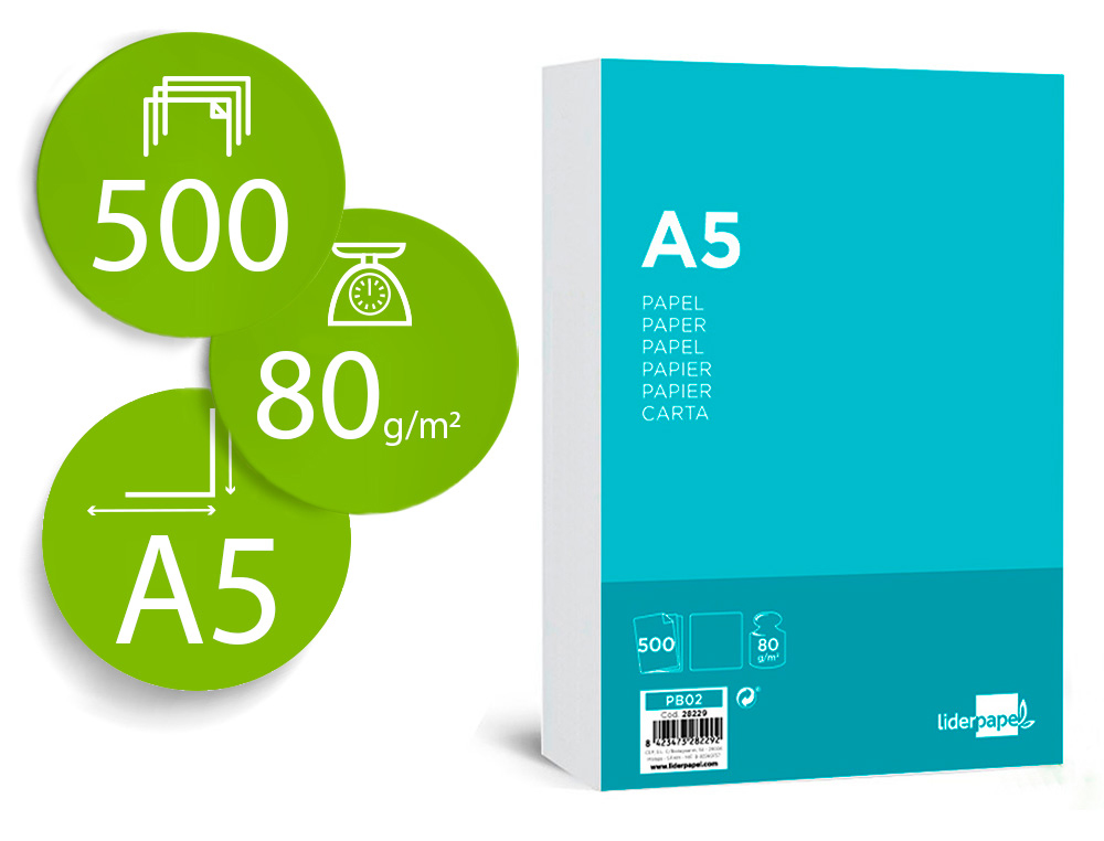 PAPEL LIDERPAPEL DE ESCRITA DIN A5 80 GR LISO EMBALAGEM DE 500 FOLHAS