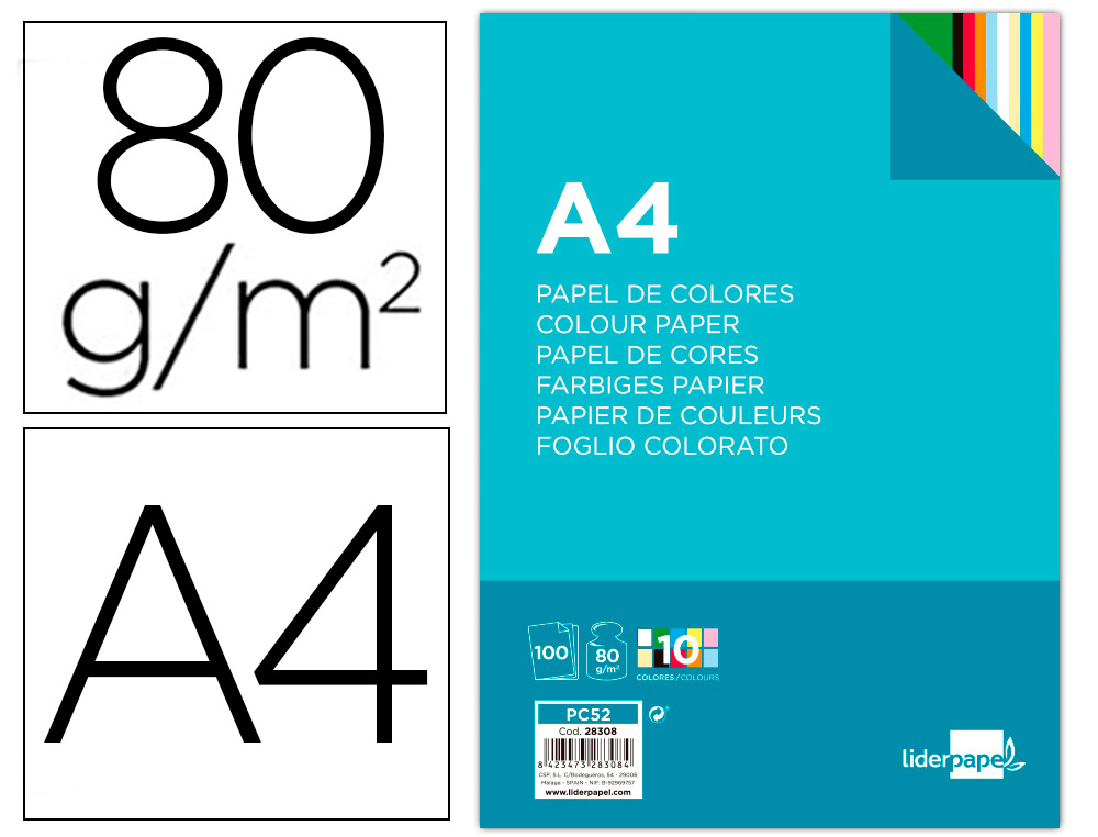 PAPEL DE COR LIDERPAPEL DIN A4 80 GR EMBALAGEM DE 100 FOLHAS 10 CORES X 10 FOLHAS